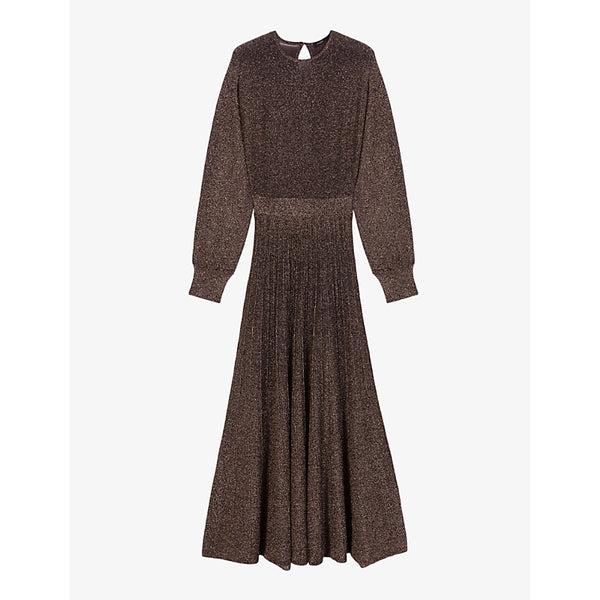 Maje Pleated-skirt long-sleeve stretch-knit midi dress