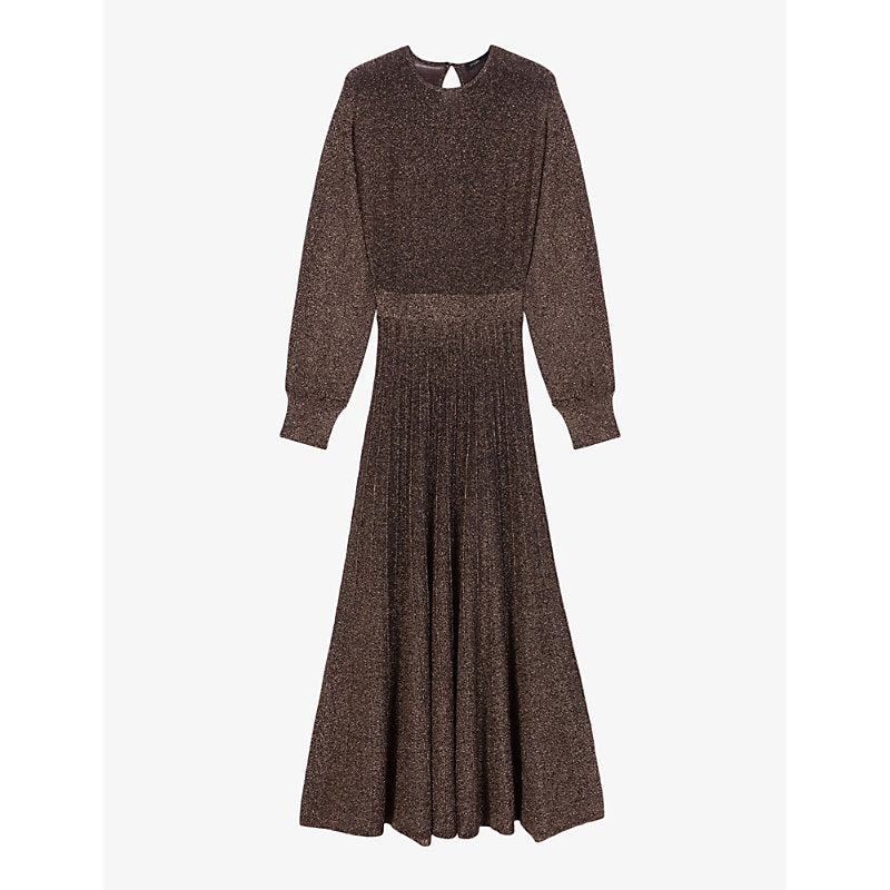 Maje Pleated-skirt long-sleeve stretch-knit midi dress | MAJE