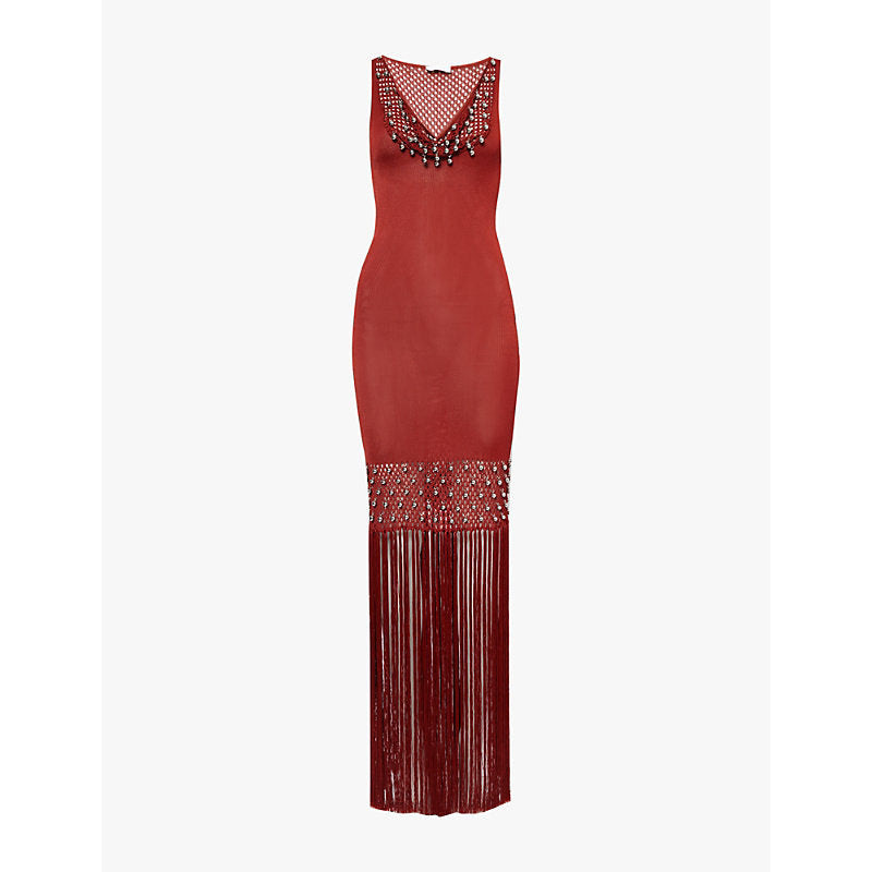 Rabanne Bead-embellished fringed-hem knitted maxi dress | RABANNE