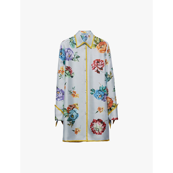 Prada Floral-print long-sleeve silk-twill mini dress