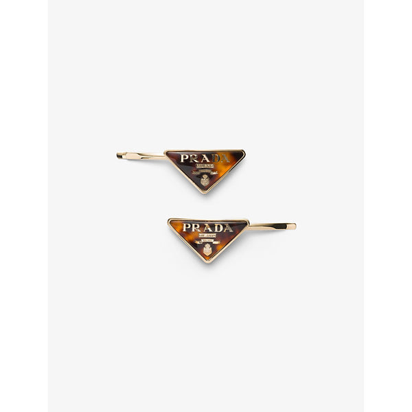 Prada Logo-plaque gold-toned metal hair clips set of two