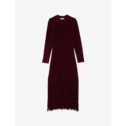 Sandro Fringed-hem slim-fit sleeveless stretch-velvet midi dress