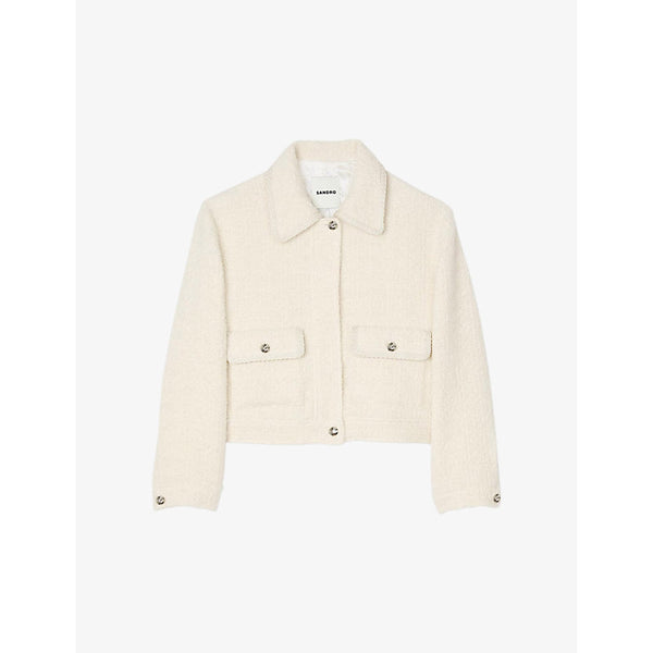  Sandro Shirt-collar long-sleeve cropped tweed jacket