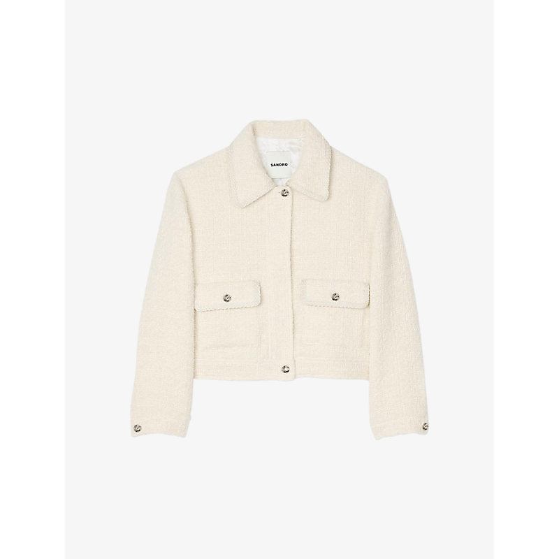  Sandro Shirt-collar long-sleeve cropped tweed jacket