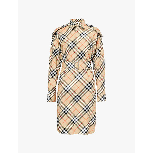 Burberry Checked belted-waist cotton-twill midi dress