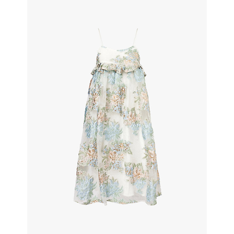 Sister Jane Flower-jacquard ruffle-trim woven midi dress | SISTER JANE