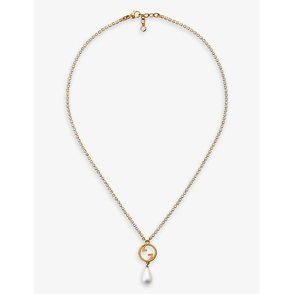  Gucci Blondie interlocking G-charm gold-toned metal, faux-pearl and crystal necklace