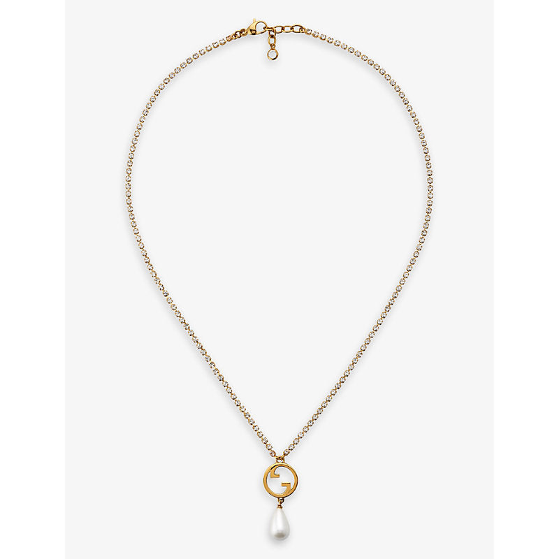  Gucci Blondie interlocking G-charm gold-toned metal, faux-pearl and crystal necklace