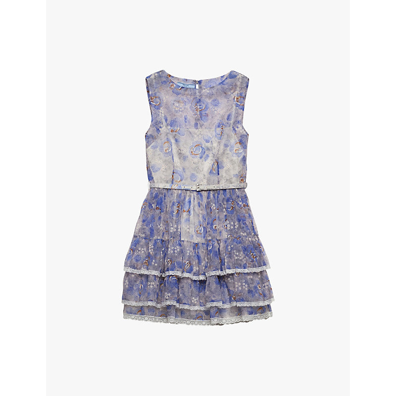 Prada Floral-print ruffle-trim woven mini dress | PRADA