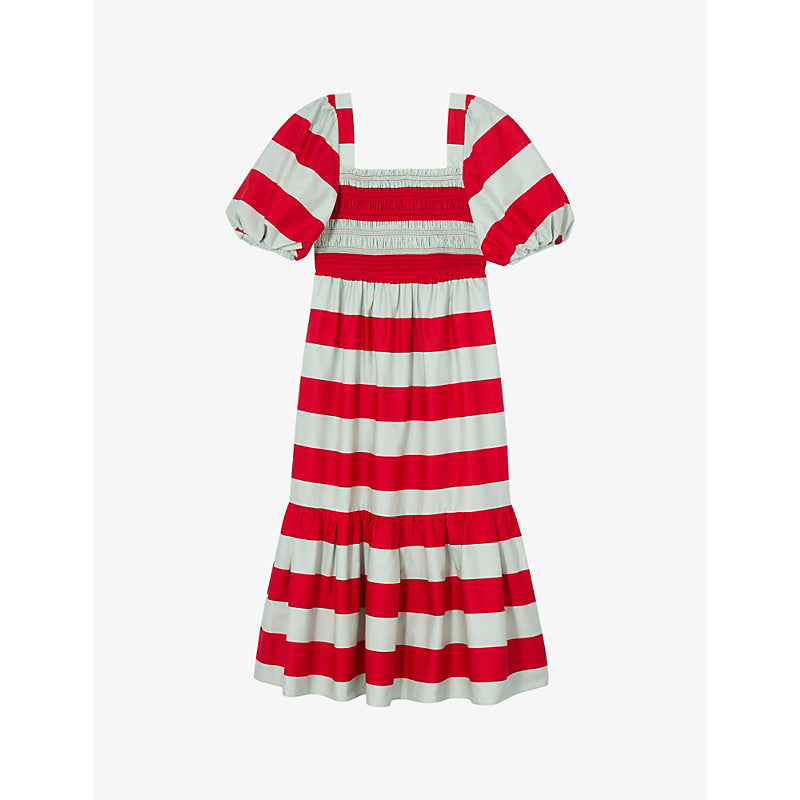 Lk Bennett Ruby puff-sleeve striped cotton midi dress | LK BENNETT