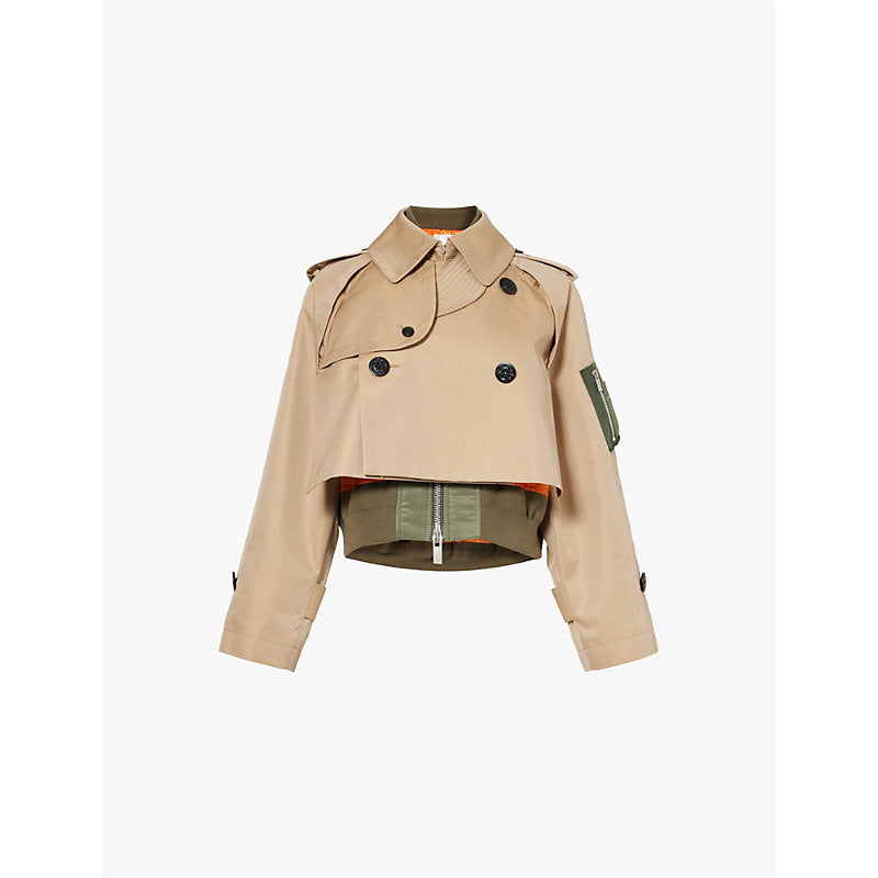  Sacai Cropped double-breasted cotton-blend jacket