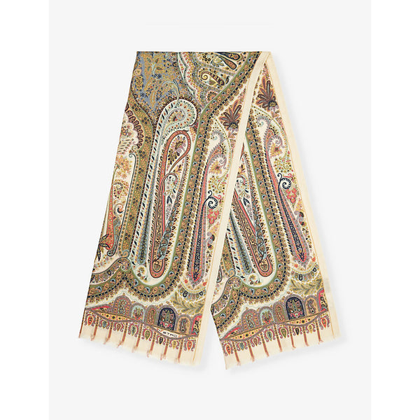  Etro Paisley-print fringed wool and silk-blend scarf