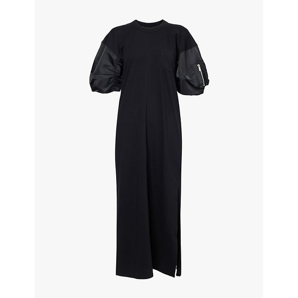 Sacai Puff-sleeve zip-pocket cotton midi dress