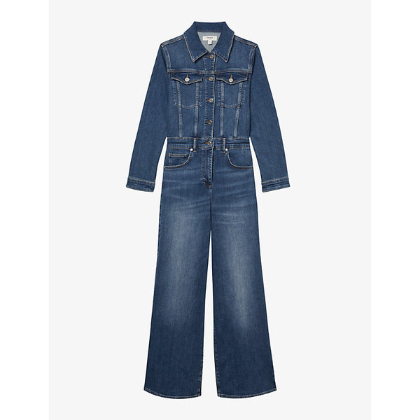 Reiss Long-sleeved faded-wash stretch-denim jumpsuit