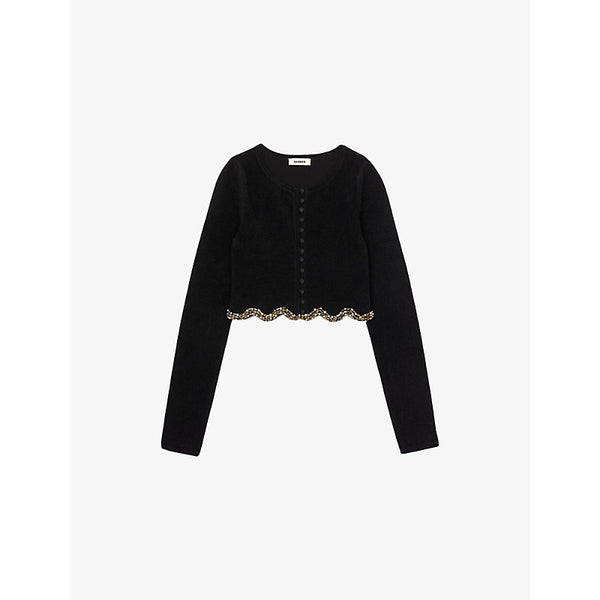 Sandro Rhinestone-trim cropped velvet knitted cardigan