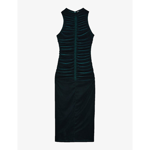 Reiss Racer-front slim-fit ruched stretch-velvet maxi dress | REISS