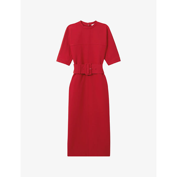 Reiss Naya round-neck belted-waist stretch-woven midi dress | REISS