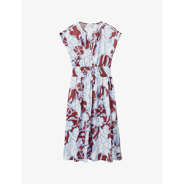 Reiss Lena graphic-print ruched-waist cotton midi dress