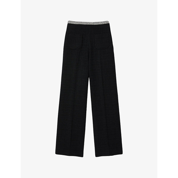 Sandro Embroidered-waist flared-leg cotton-blend trousers