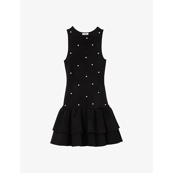 Sandro Pearl-embellishment sleeveless velvet knitted mini dress