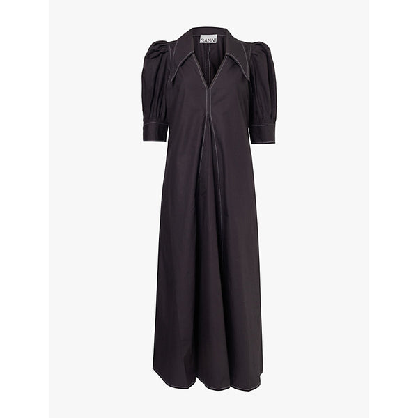 Ganni V-neck puff-sleeved cotton-poplin maxi dress