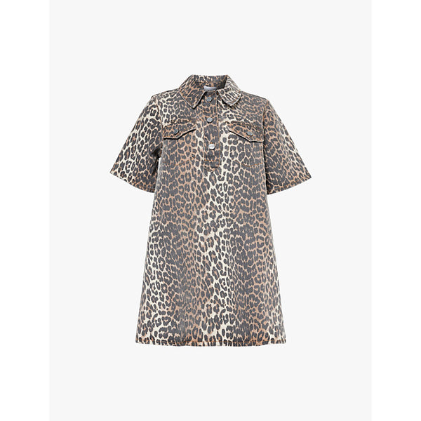 Ganni Collar leopard-print stretch organic-denim mini dress