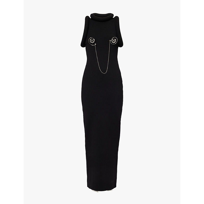 Jean Paul Gaultier Chain-embellished padded-trim knitted maxi dress | JEAN PAUL GAULTIER