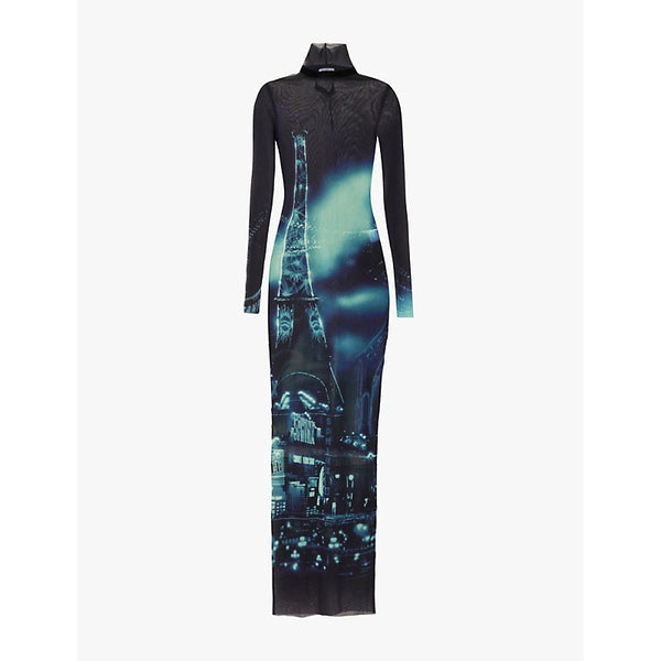 Jean Paul Gaultier Graphic-print turtleneck mesh maxi dress