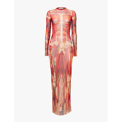 Jean Paul Gaultier Écorché graphic-print mesh maxi dress | JEAN PAUL GAULTIER