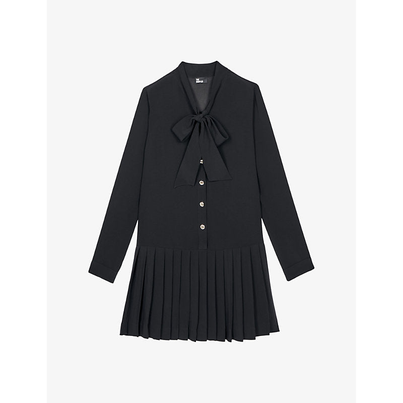  The Kooples Ascot-collar pleated-skirt woven mini dress