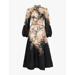 Zimmermann Floral-print puff-sleeve linen midi dress | ZIMMERMANN