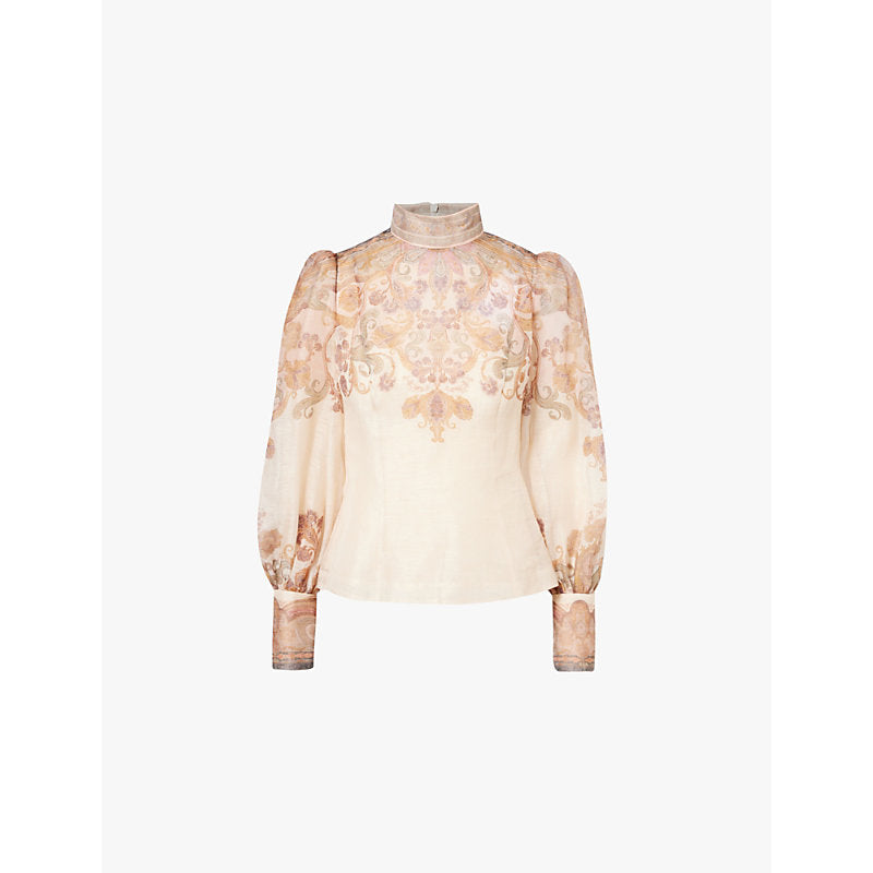  Zimmermann High-neck long-sleeve linen and silk-blend blouse