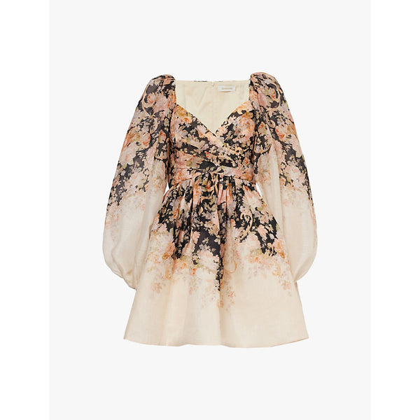 Zimmermann Floral print sweetheart neckline linen and silk-blend mini dress | ZIMMERMANN