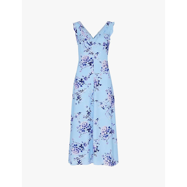 Whistles Bamboo blossom-print ruffle recycled-polyester midi dress | WHISTLES