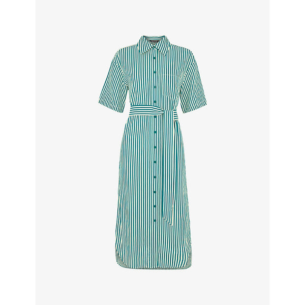 Whistles Stripe-print belted-waist linen-blend midi dress | WHISTLES