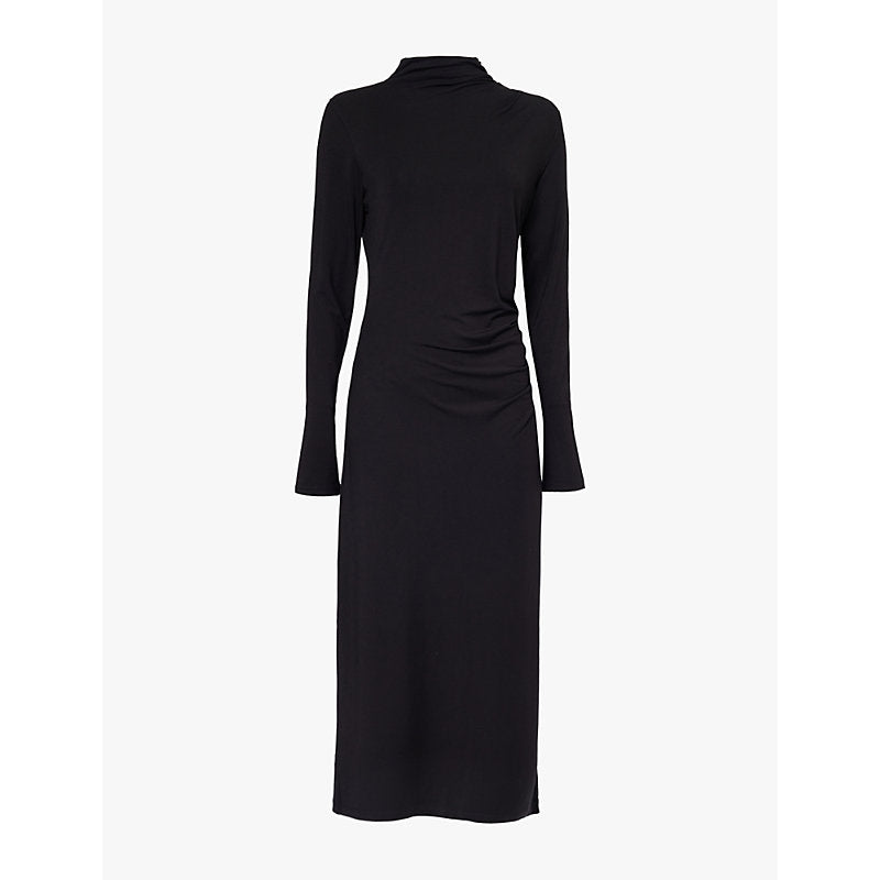 Vince Ruched funnel-neck stretch-woven midi dress | VINCE