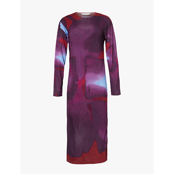  Leem Abstract print long-sleeve knit midi dress