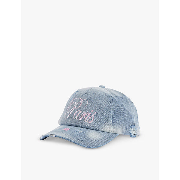  Misbhv Paris rhinestone-text distressed denim cap