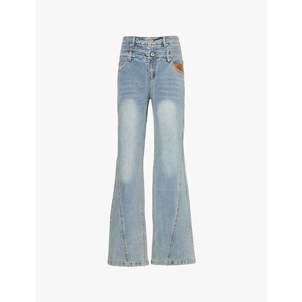  The Couture Club Distressed double-waistband straight-leg stretch-denim jeans