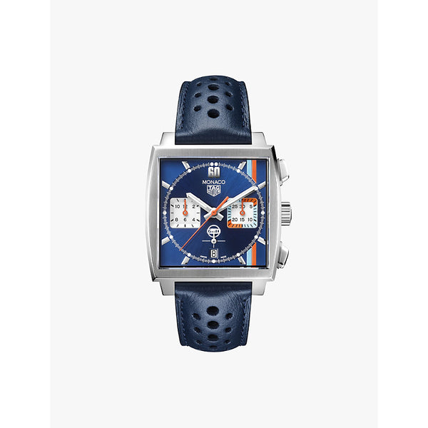 CBL2115.FC6494 TAG Heuer x Gulf Monaco stainless-steel and leather automatic chronograph watch