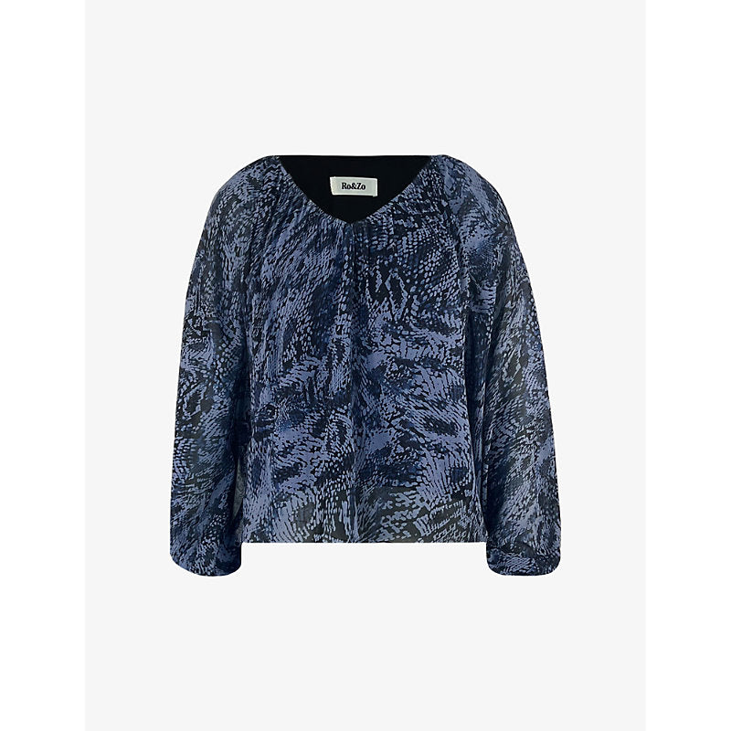  Ro&Zo Snakeskin-pattern blouson-sleeve woven blouse