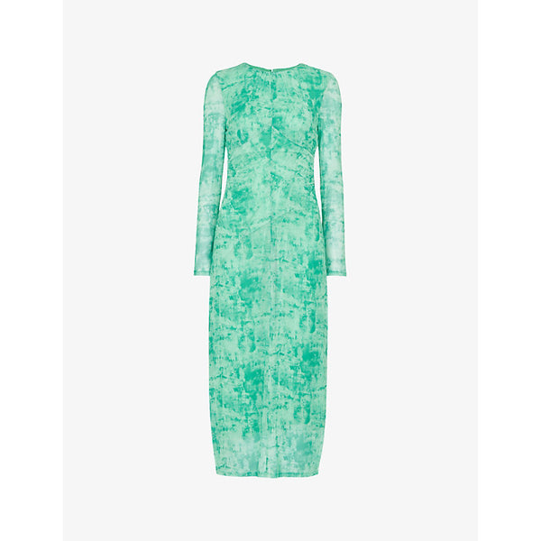 Whistles Brushwork-print slim-fit stretch-mesh midi dress