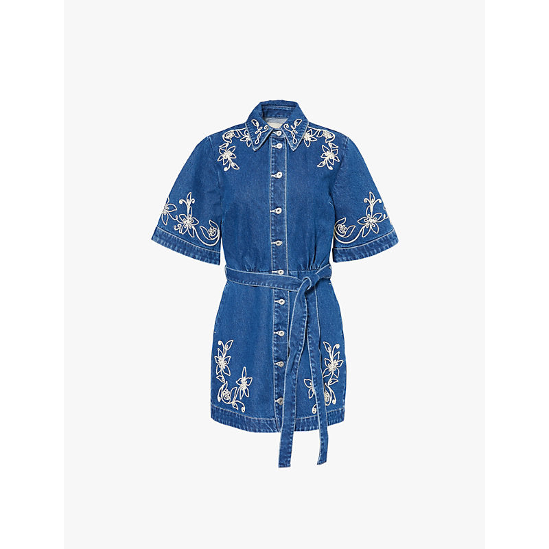 Alemais Carmen floral-applique belted denim mini dress