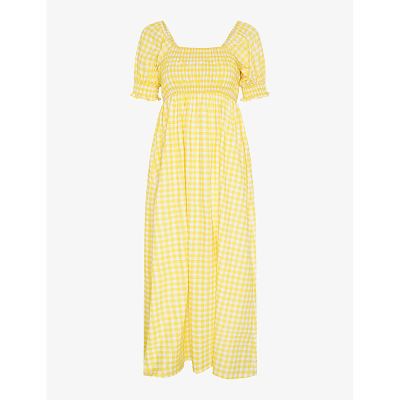  Omnes Megan gingham-print shirred-bodice cotton midi dress