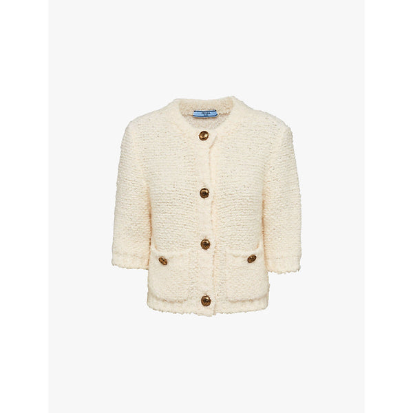  Prada Button-embellished bouclé-textured wool-blend cardigan