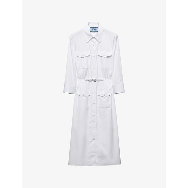 Prada Pocket-front triangle-plaque cotton-poplin midi dress