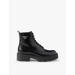 Prada Brand-plaque brushed leather combat boots