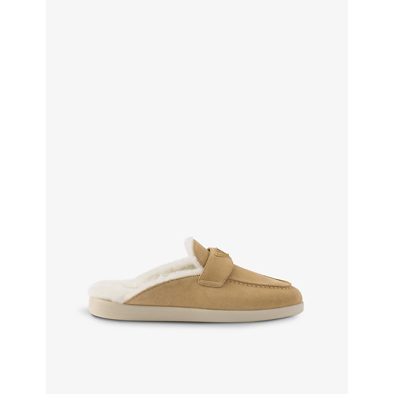 Prada Brand-plaque suede and shearling mules