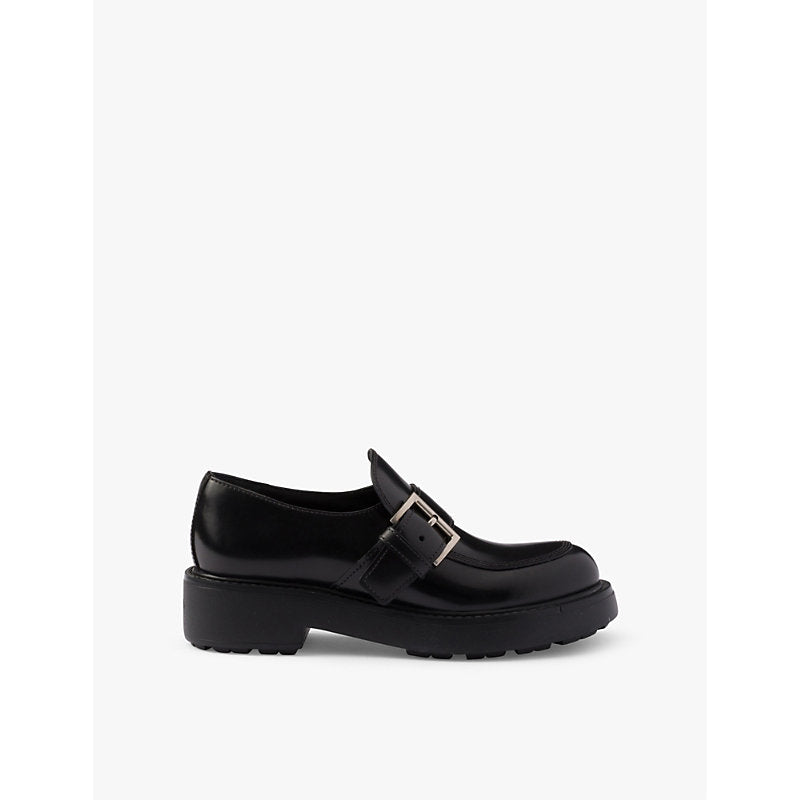 Prada Branded-buckle brushed leather loafers