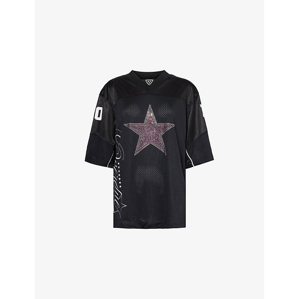 Jaded London Team Spirit Football rhinestone-star-print woven T-shirt